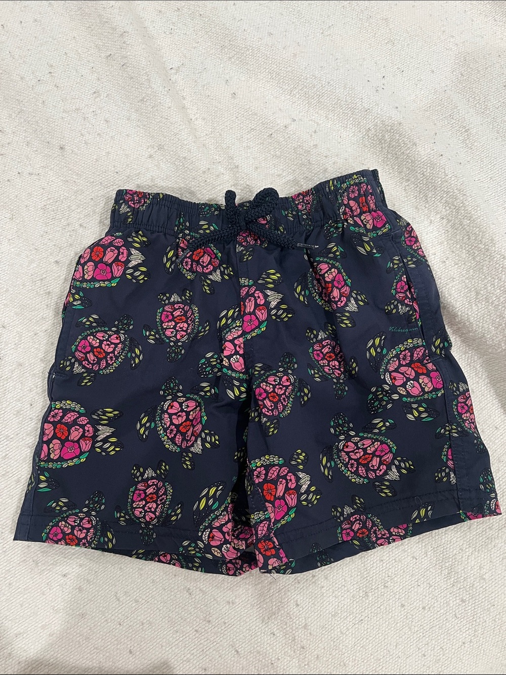 Navy Kids Swim Trunks with Pink Turtle Print